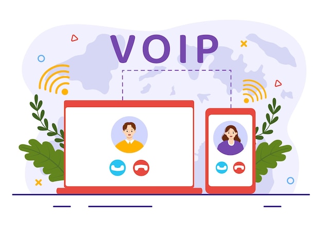 voip or voice over internet protocol illustration with telephony scheme technology and network phone