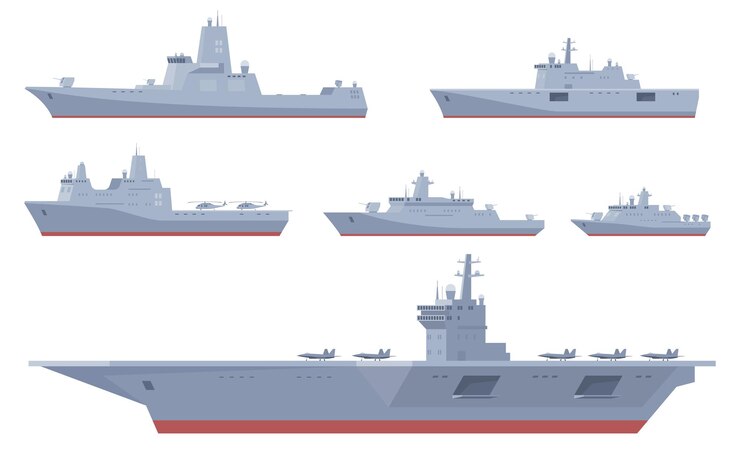 Vojenské typy lodí Raketové nosiče letadlových lodí Bitevní lodě Námořní obranné síly z moře Vektorová ilustrace