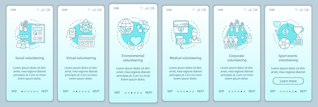 Volunteering types onboarding mobile app page screen vector template. Volunteer opportunities walkthrough website steps with linear illustrations. UX, UI, GUI smartphone interface concept