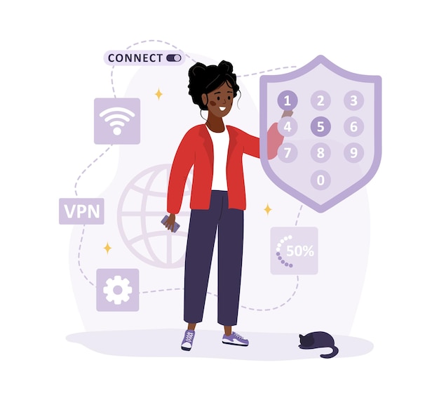 VPN connection African woman using virtual private network Password security Protected access control privacy data protection Vector illustration in flat cartoon style Secure web traffic
