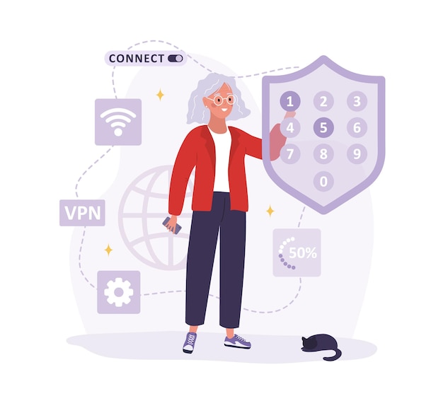 VPN connection Elderly woman using virtual private network Password security Protected access control privacy data protection Vector illustration in flat cartoon style Secure web traffic