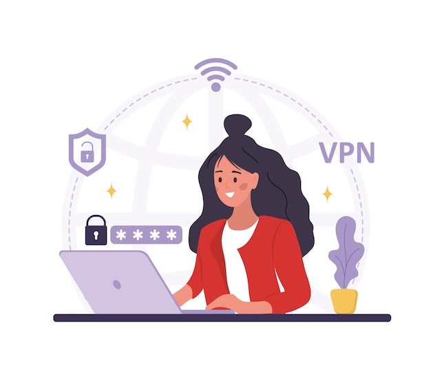 VPN service Elderly woman using virtual private network Personal information and data safety Password security Protection IP addresses and cyberspace Vector illustration in flat cartoon style