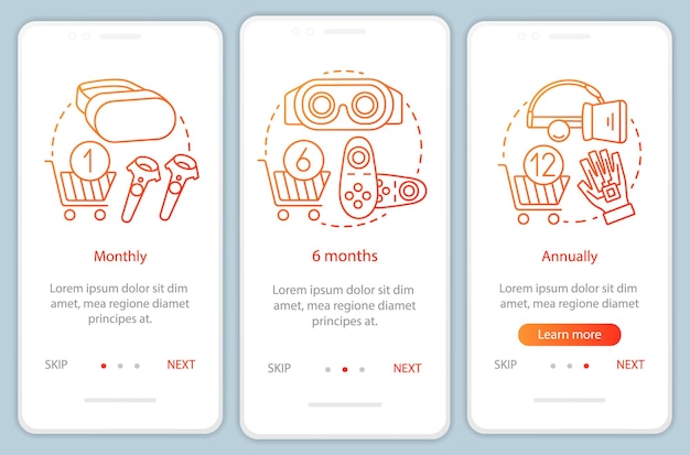 VR game subscription onboarding mobile app page screen with linear concepts