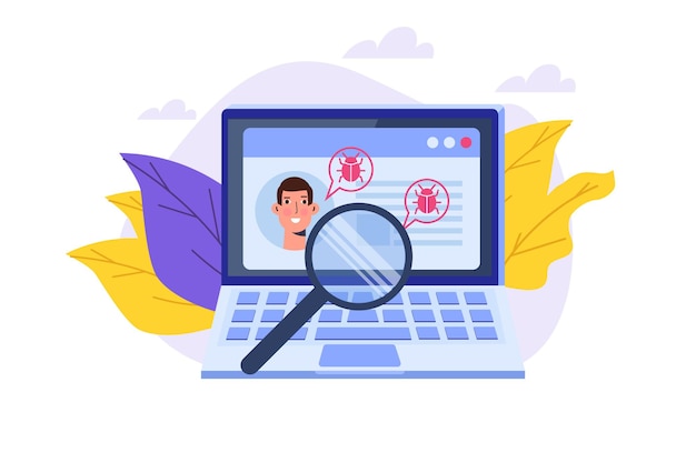 vulnerability and bugs search or scan, finding malware concept.  vector illustration.