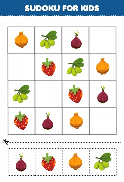 Vzdělávací hra pro děti sudoku pro děti s kresleným ovocem a zeleninou cibule oliva šalotka jahoda obrázek