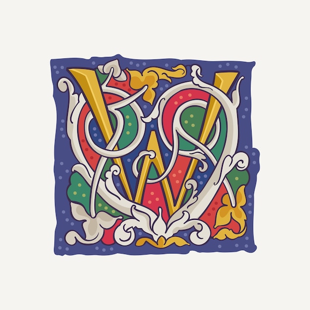 W letter drop cap logo with interlaced white vine and gilding calligraphy Renaissance initial emblem
