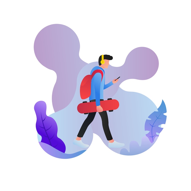 Vektor walking man listening the music with skateboard on hand character design vector illustration