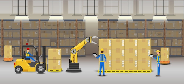 Warehouse in process with workers working flat design vector illustration