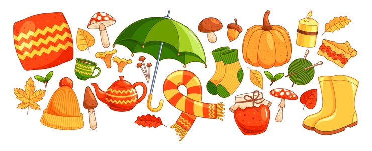 Vektor warm autumn items featuring a green umbrella cozy hat knitted scarf socks pumpkin and mushrooms