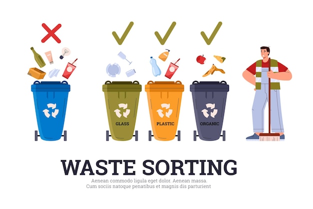 waste sorting and recycling concept with trash bins flat vector illustration