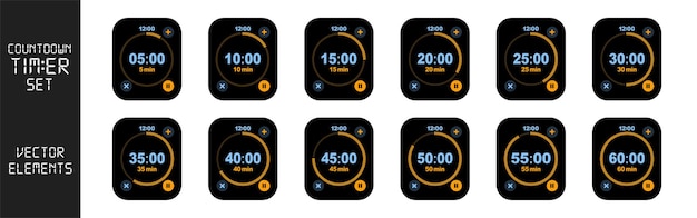 Watch screen icons set timer symbol Countdown from 0 to 60 seconds Set of timer vector icons