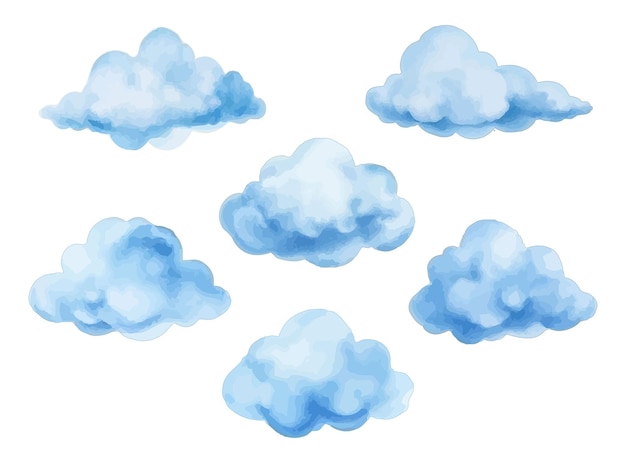 Watercolor clouds set in blue shades Handpainted fluffy sky art elements vector