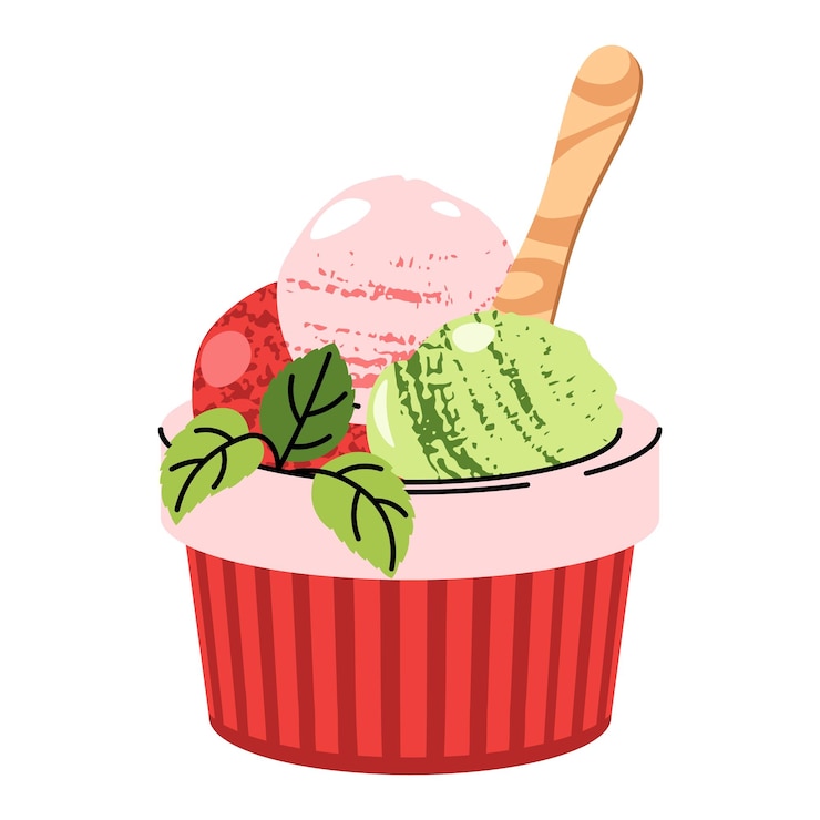 Vektor watermelon sorbet in a cup with wooden spoon flat ice cream illustration on white summer dessert healthy sweet treat ideal for logos stickers food packaging cafe branding social media