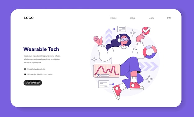 Wearable technology web banner or landing page smart device character using electronic device to