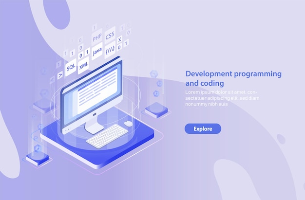 web banner template with computer, keyboard, mouse pad