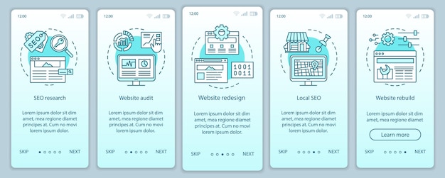 Web consulting onboarding mobile app page screen vector template. SEO research. Website redesign, audit. Walkthrough website steps with linear illustrations. UX, UI, GUI smartphone interface concept