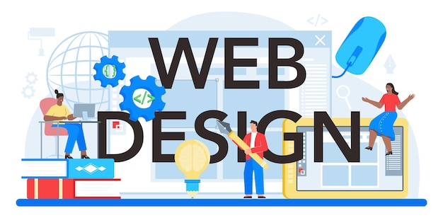 Web design typographic header Presenting content on web pages Website layout composition and color development Idea of computer technology Flat vector illustration