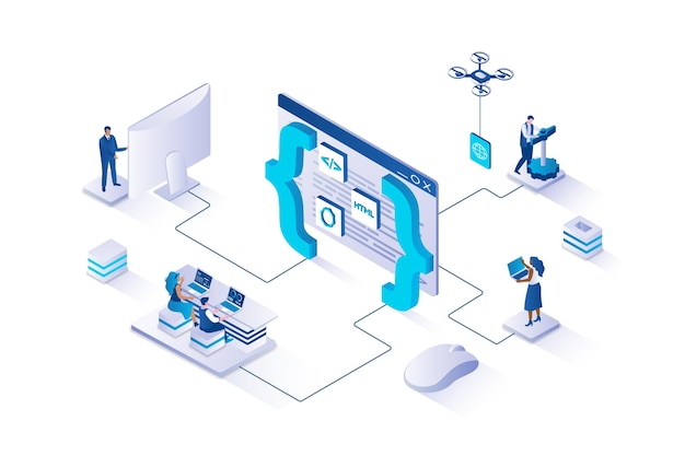 Web development 3d isometric concept with isometry people design Developers team creating and optimizating site layout working with webpage code engineering page on screen Vector illustration