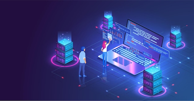 Web hosting or programming concept Web programming development laptop with UI UX interface Computer web data center server isometric landing vector page Vector illustration