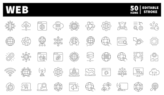 Web icons set Set of 50 web linear icons Web interface hosting domains browsing and web tools