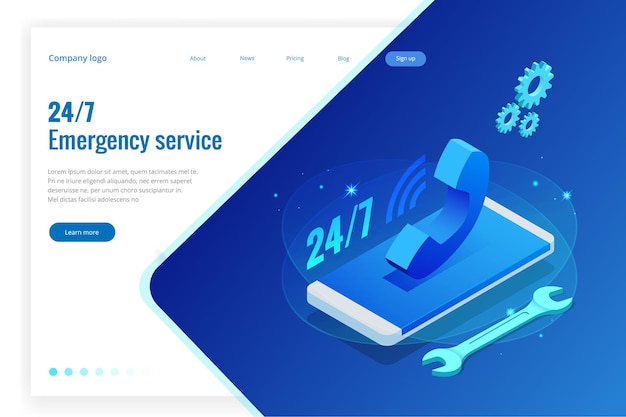 web page design templates for call center support 24-7. isometric 24 hours open customer service. vector illustration customer service, support or crm.
