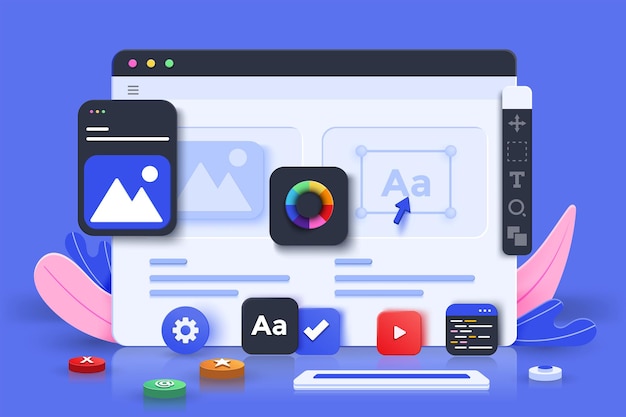 web ui-ux design, web development concept. web design, application design, coding, and web building on blue background. 3d vector illustration