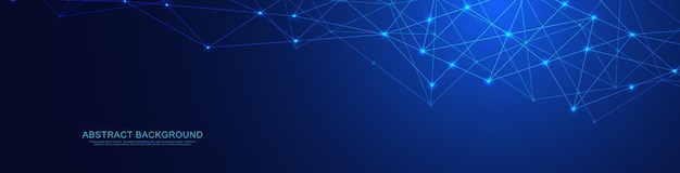Website header or banner design with abstract geometric background and connecting dots and lines. Global network connection. Digital technology with plexus background and space for your text.