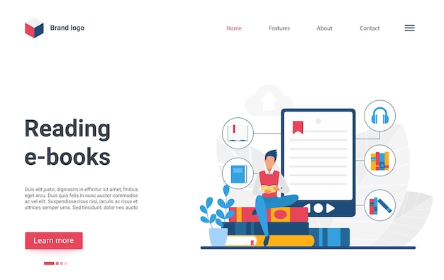 Website landing page creative design with cartoon man student character reading book