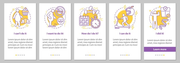 Weight lose steps onboarding mobile app page screen with linear concepts. Fighting obesity graphic instructions. UX, UI, GUI vector template with illustrations