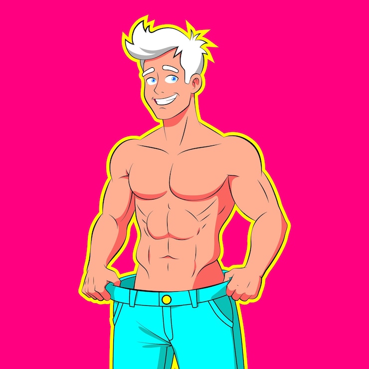 Vektor weight loss transformation confident man showing his slimmer figure