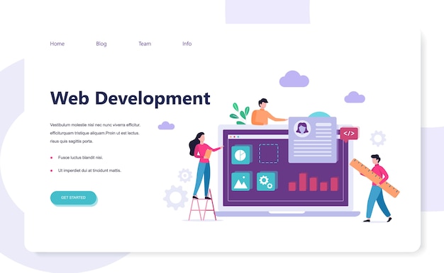 Wev development banner  concept. People code and  web page, build interface on the screen.   illustration