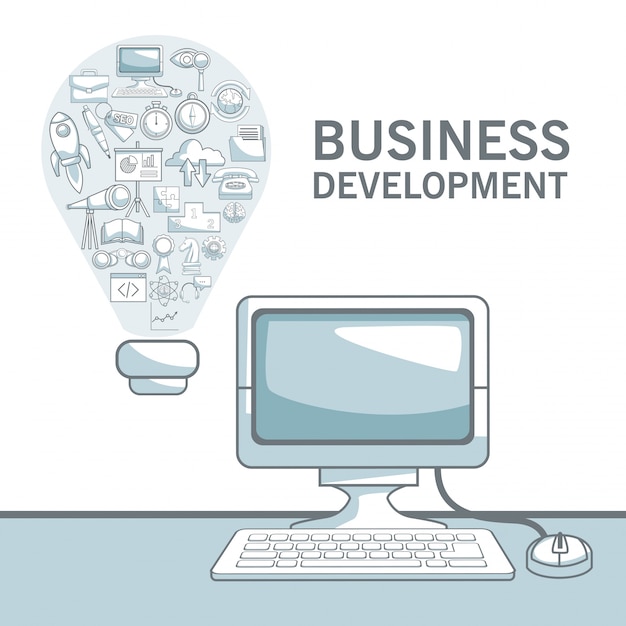 White background with silhouette color sections shading of desk computer and light bulb shape solution with icons business development 