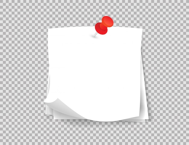 White note papers with curled corner, pinned red push button on transparent background.