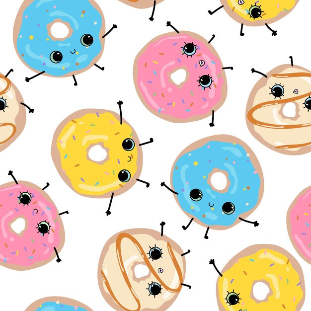 White pattern with cute funny happy glazed donuts Hand drawn faces