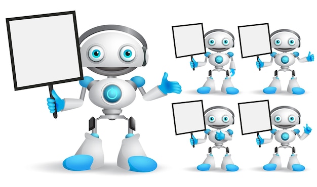white robot vector character set standing while holding blank placard for text and technology