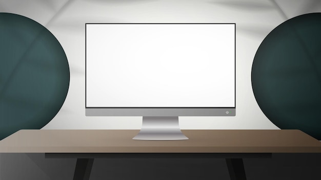 white room with wooden table and monitor monitor with a white screen shadows from the leaves vector illustration