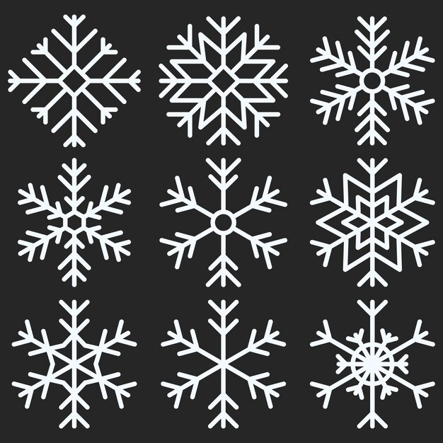 white snowflake set isolated on black new year and christmas elements winter