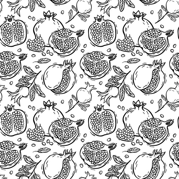 Whole pomegranate fruits pomegranate halves with seeds and leaves Vector seamless pattern in linocut style Suitable for use in textile design wallpaper kitchen decor and wrapping paper packaging