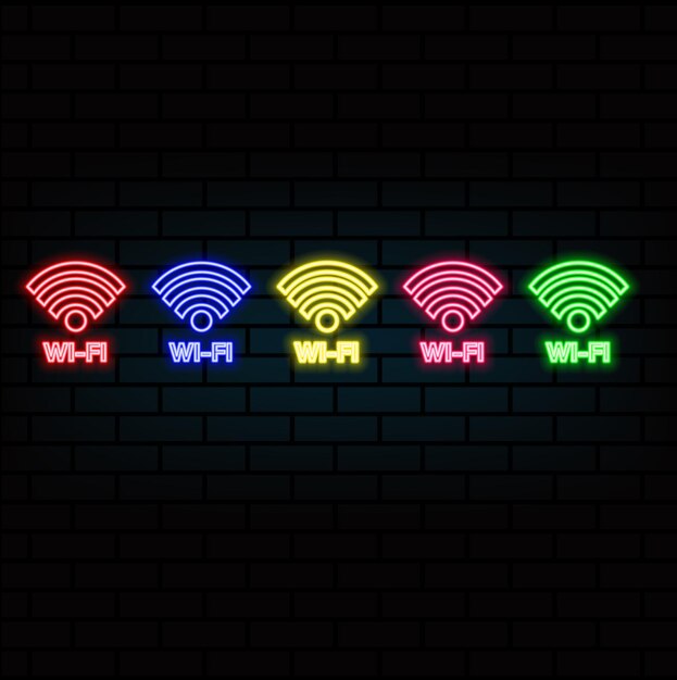 Wifi neon sign vector Glowing Neon Wifi Symbol Extended Letters Light Banner Neon Text Vector illust