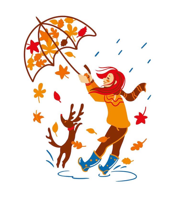Vektor wind rips the umbrella out of the girl's hands. autumn season. kids illustration.