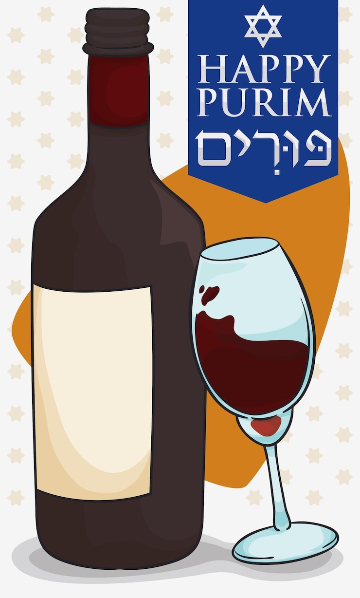 Vektor wine bottle and glass for the jewish celebration of purim written in hebrew in the blue ribbon