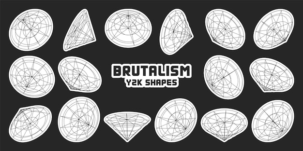 wireframe lined shapes perspective mesh 3d grid modern trendy low poly geometric elements retro futuristic design elements y2k vaporwave and synthwave style vector illustration