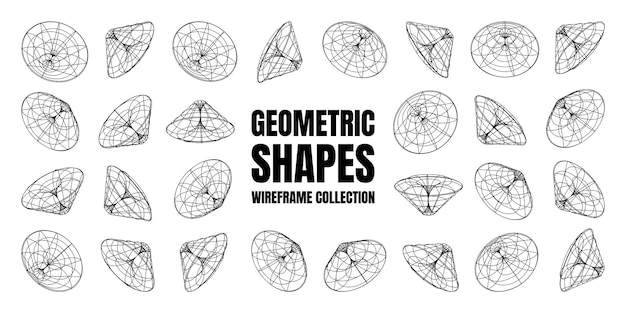Wireframe lined shapes perspective mesh d grid low poly geometric elements retro futuristic design