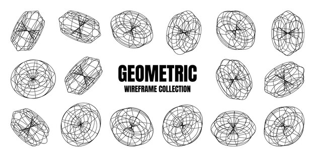Wireframe lined shapes perspective mesh d grid low poly geometric elements retro futuristic design