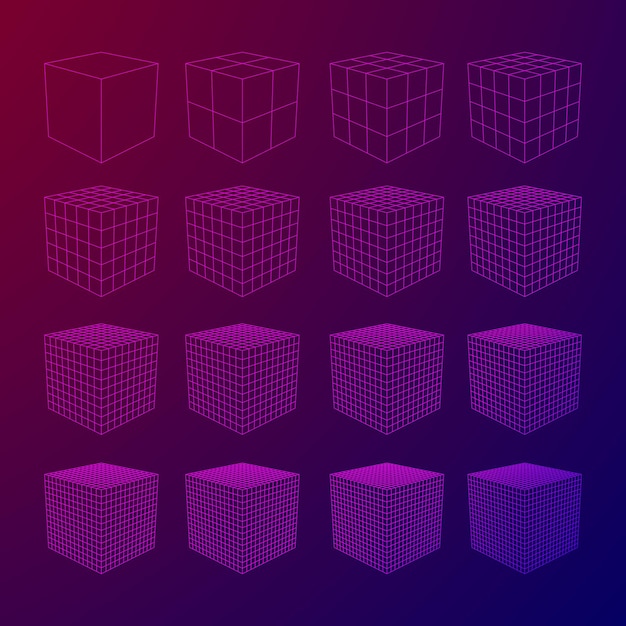 Wireframe mesh cube in differenr resolution connection structure digital data visualization concept ...