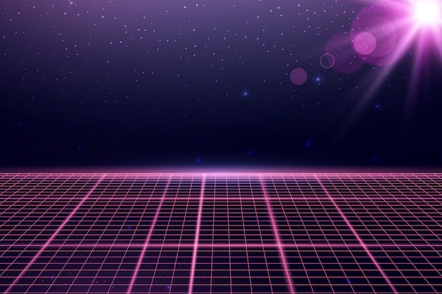 Wireframe perspective grid with lens flare Space neon infinity mesh abstract retro background Vector illustration