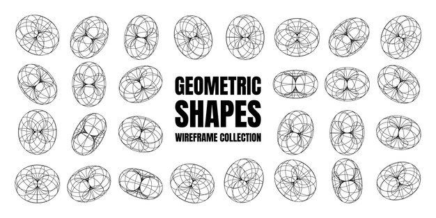 Wireframe shapes lined torus perspective mesh d grid low poly geometric elements retro futuristic