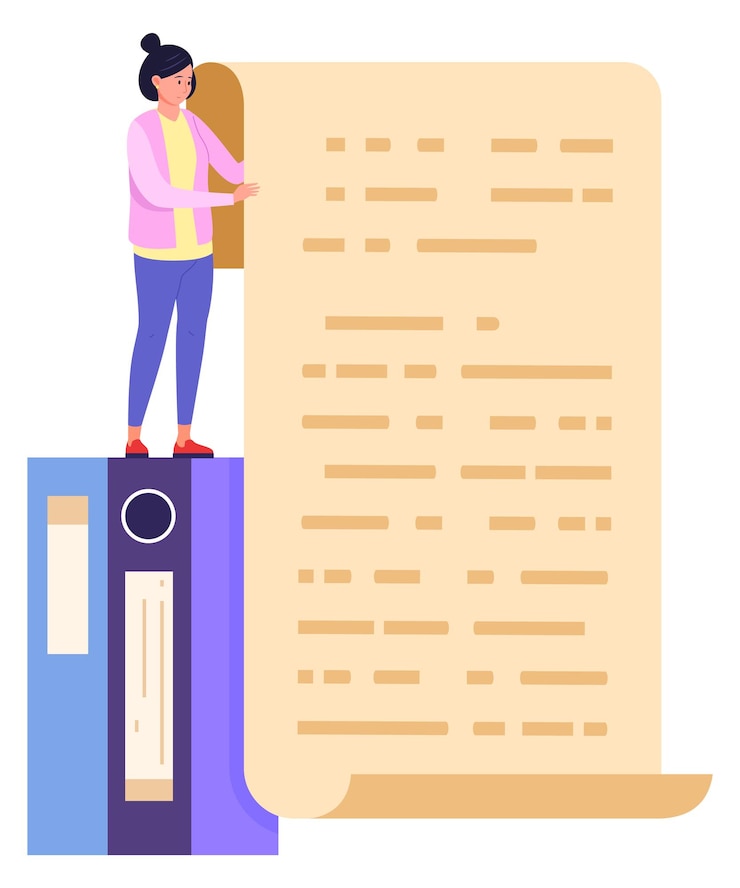 Vektor woman hold big paper document scroll report icon