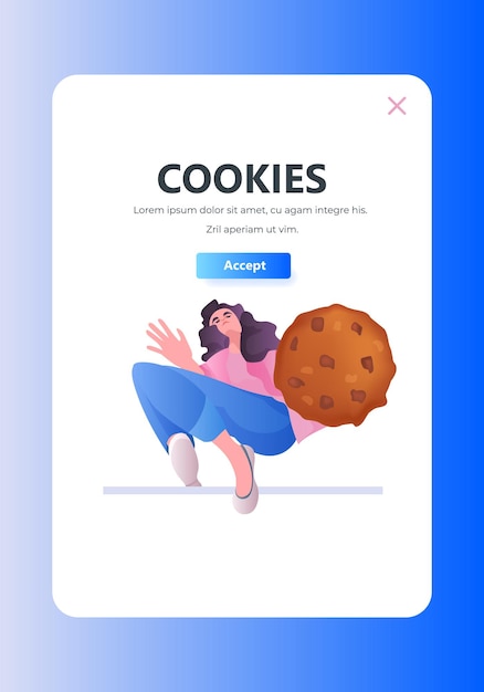 woman holding cookie protection of personal information internet web pop up we use cookies policy notification concept copy space vertical vector illustration