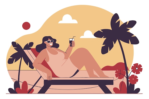 Woman is sunbathing on a chaise longue with a cocktail in her hand Summer tropical resort